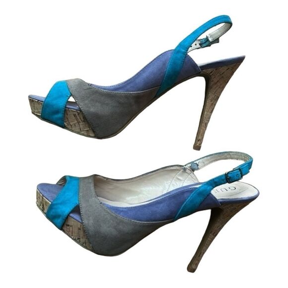 Guess Suede Multicolor Blue Gray Purple  Slingback Cork Heel Shoes  Sandals  8.5 - Picture 1 of 12